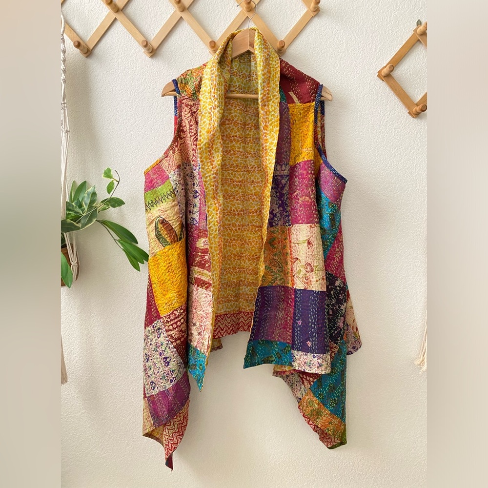 Polyester Multicolor Patchwork Kantha Silk Shrug … - image 1